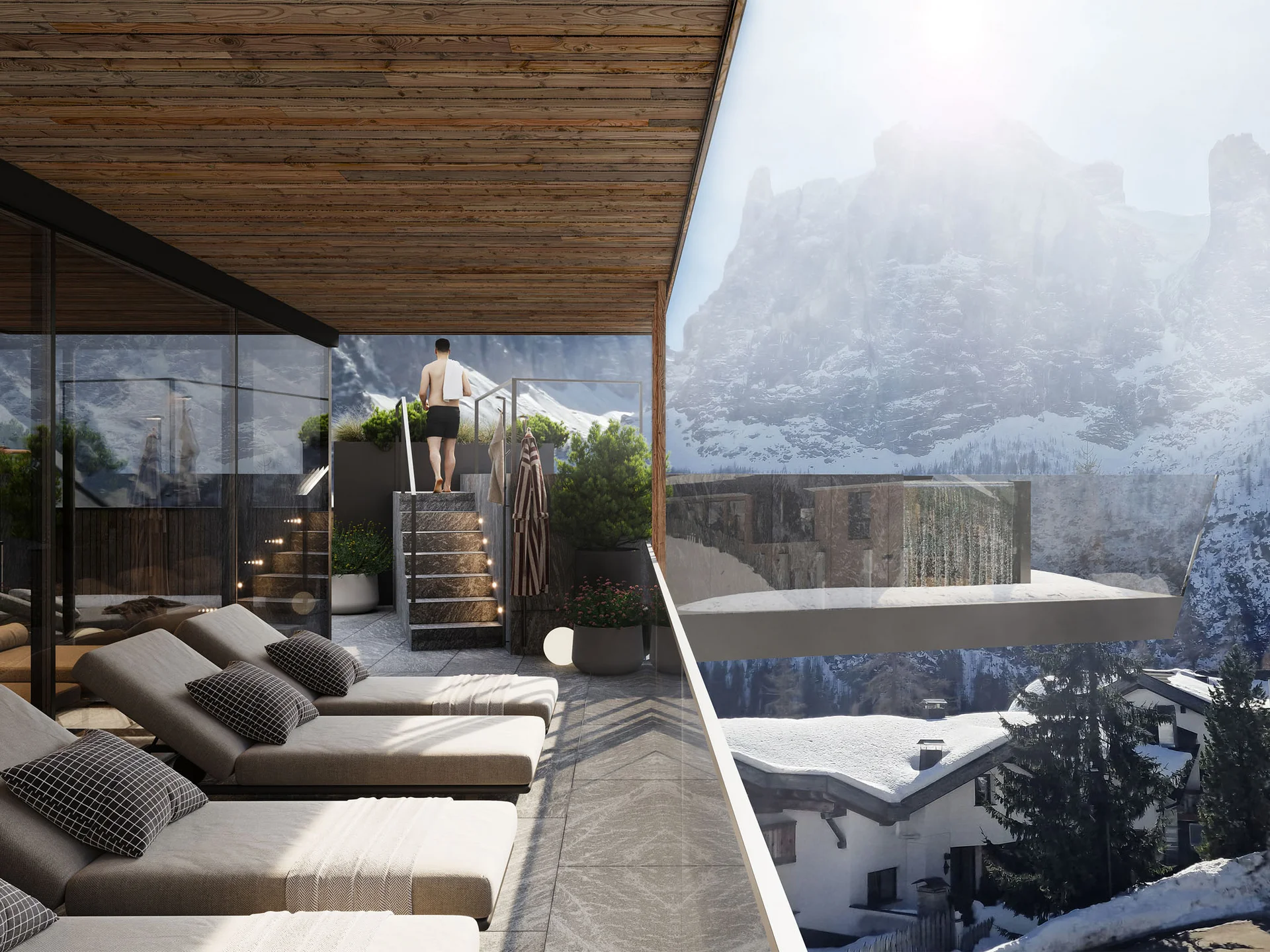 Unser Wellnesshotel in Alta Badia: das Nature Hotel Delta Terrasse mit Liegestühlen und Bergblick im Winter, Person geht Treppe hoch