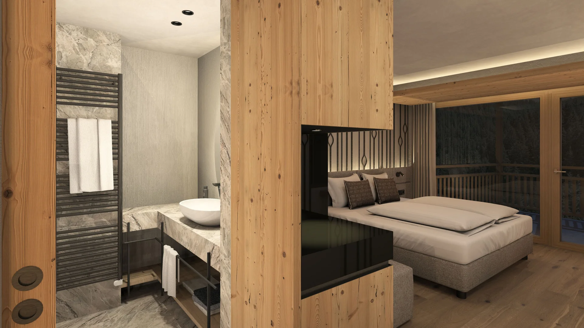 Die schönsten Eindrücke aus dem Nature Hotel Delta Modernes Hotelzimmer mit Holzverkleidung, Doppelbett und angrenzendem Badezimmer