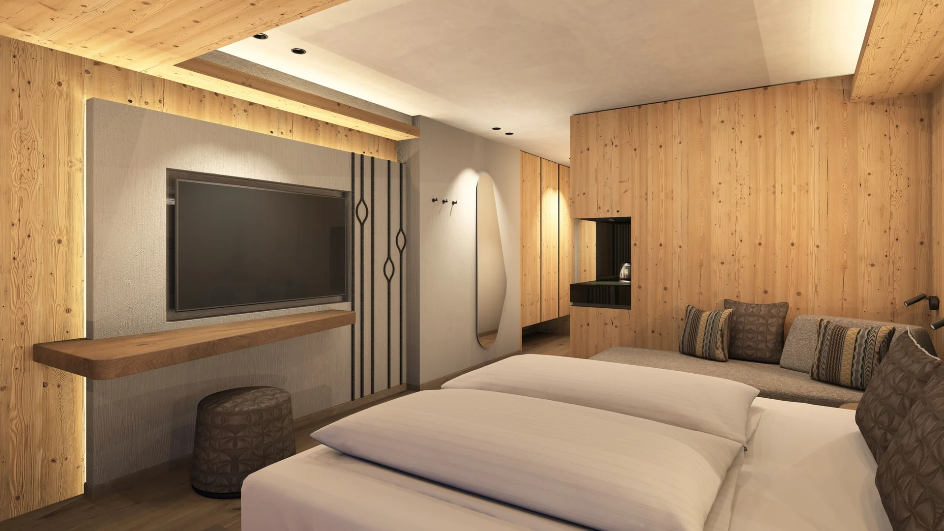 Die schönsten Eindrücke aus dem Nature Hotel Delta Modernes Hotelzimmer mit Holzwänden, Doppelbett und Sofa mit Kissen