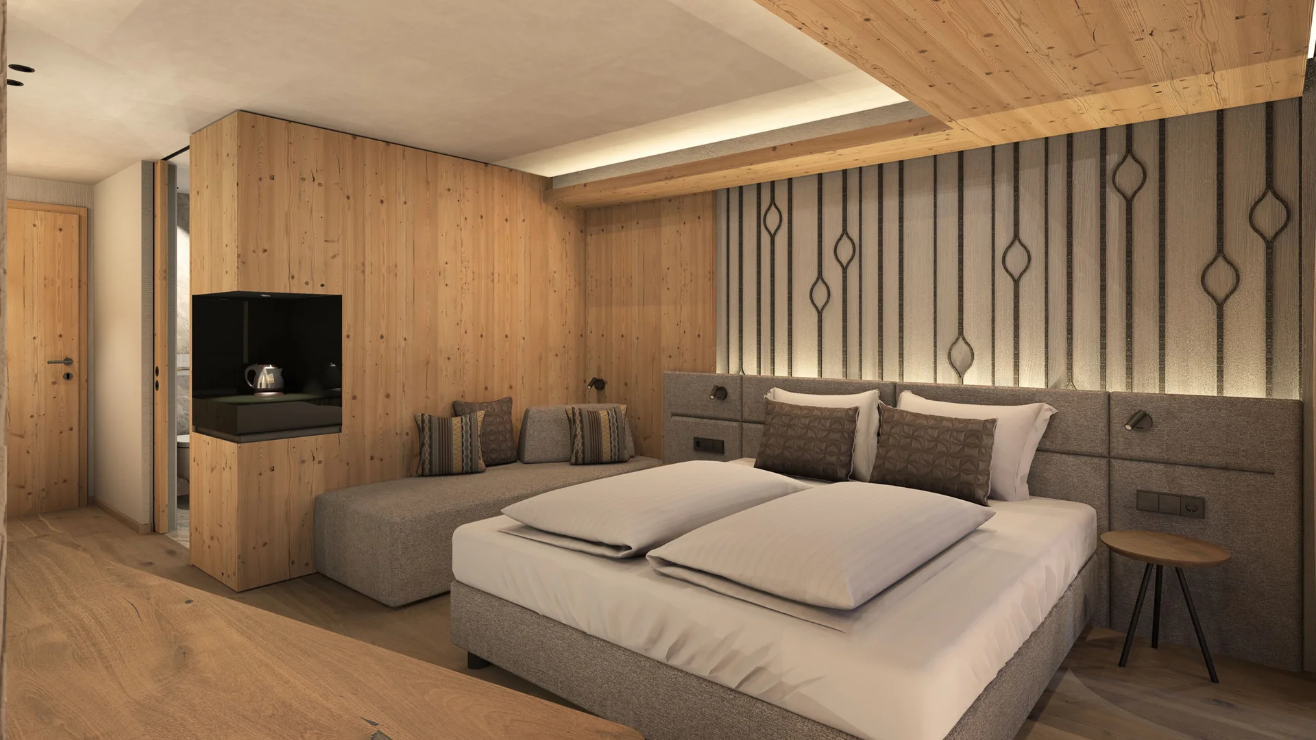 Die schönsten Eindrücke aus dem Nature Hotel Delta Modernes Hotelzimmer mit Doppelbett, Sofa und Holzakzenten