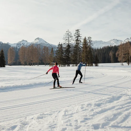 Zwei Langläufer auf verschneiter Loipe vor Bergkulisse und Holzhütte