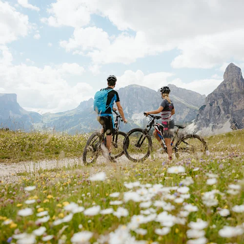 Auf zum Wandern in Alta Badia, rings ums Nature Hotel Delta! Zwei Radfahrer mit Mountainbikes auf einem Weg in blumiger Berglandschaft