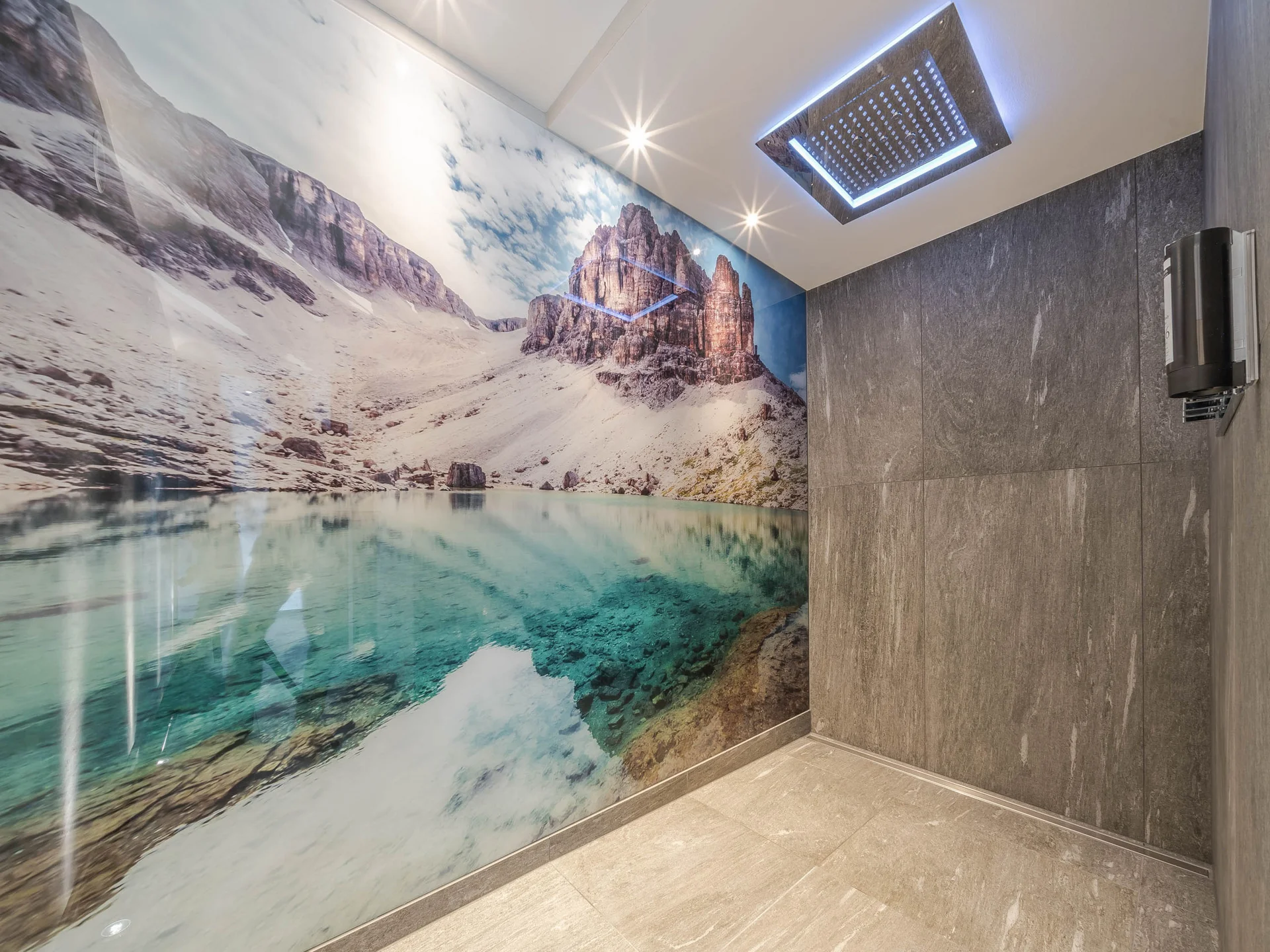 Unser Wellnesshotel in Alta Badia: das Nature Hotel Delta Moderne Dusche mit großem Regen-Duschkopf und Berglandschaft an der Wand