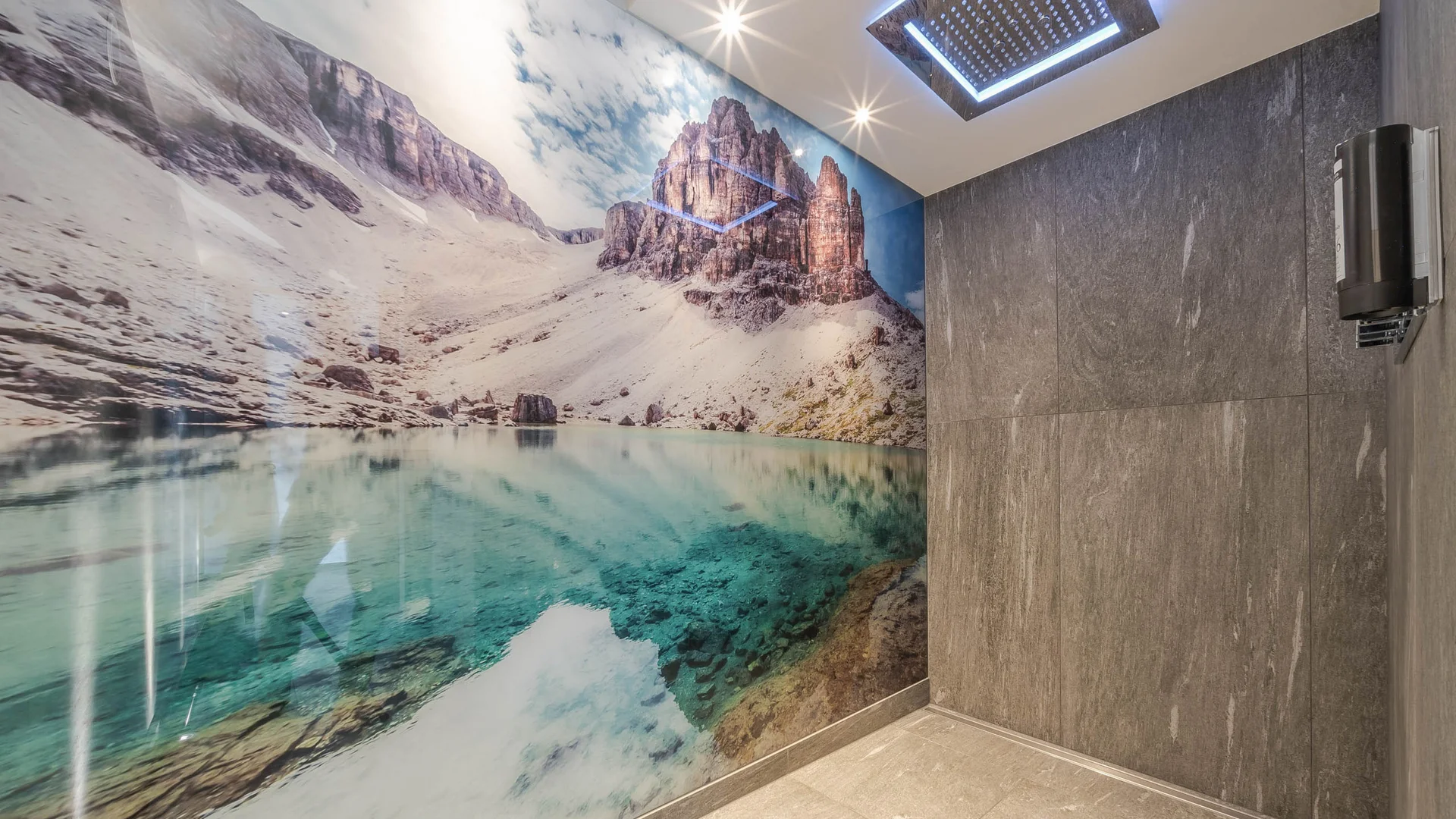 Die schönsten Eindrücke aus dem Nature Hotel Delta Moderne Dusche mit großem Regen-Duschkopf und Berglandschaft an der Wand