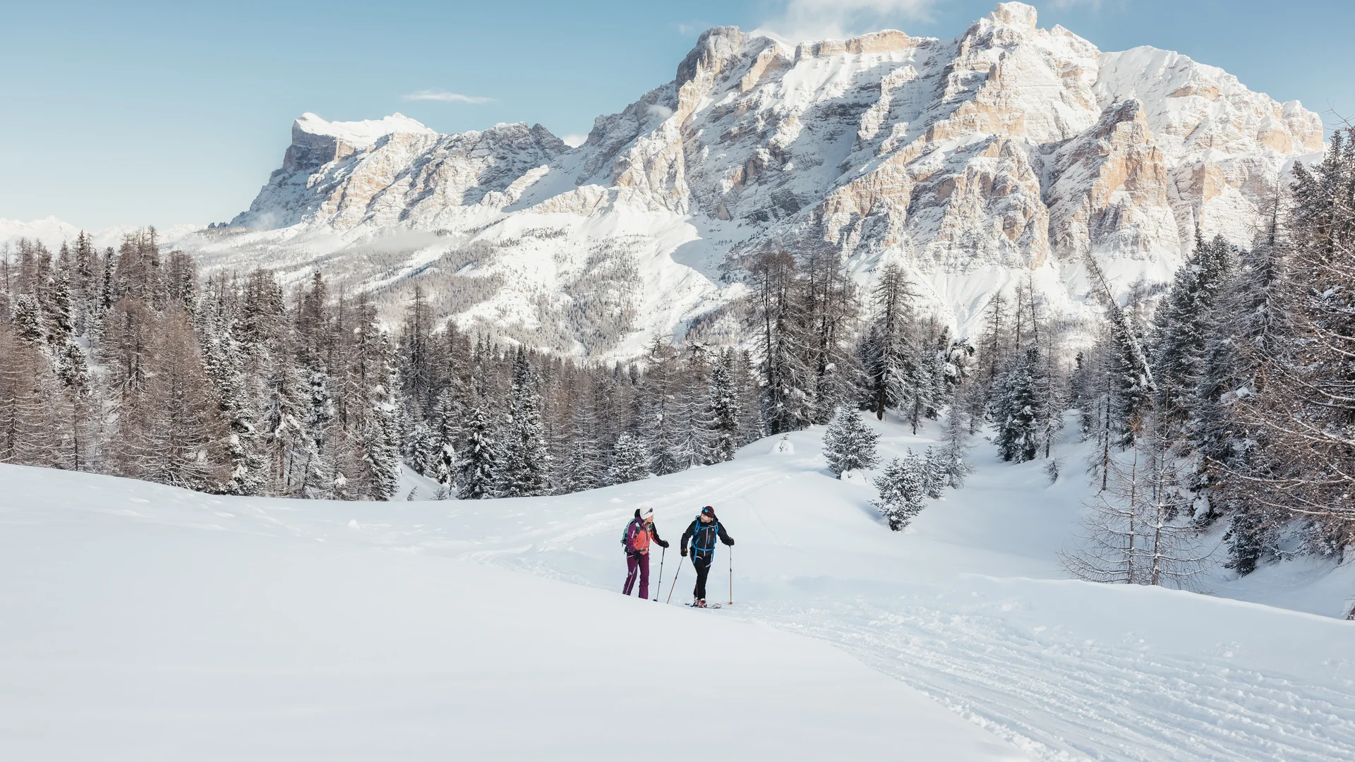 Die schönsten Eindrücke aus dem Nature Hotel Delta Zwei Skifahrer in verschneiter Berglandschaft mit Tannen und Felsen