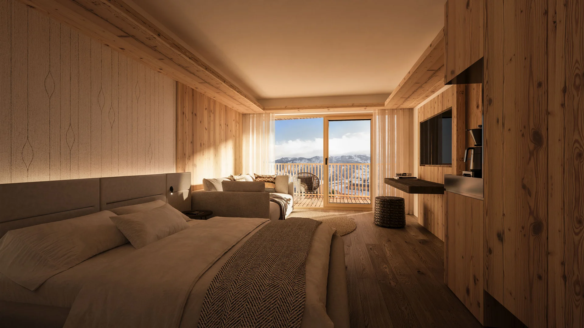 Die schönsten Eindrücke aus dem Nature Hotel Delta Gemütliches Hotelzimmer mit Holzwänden und Bergblick vom Balkon