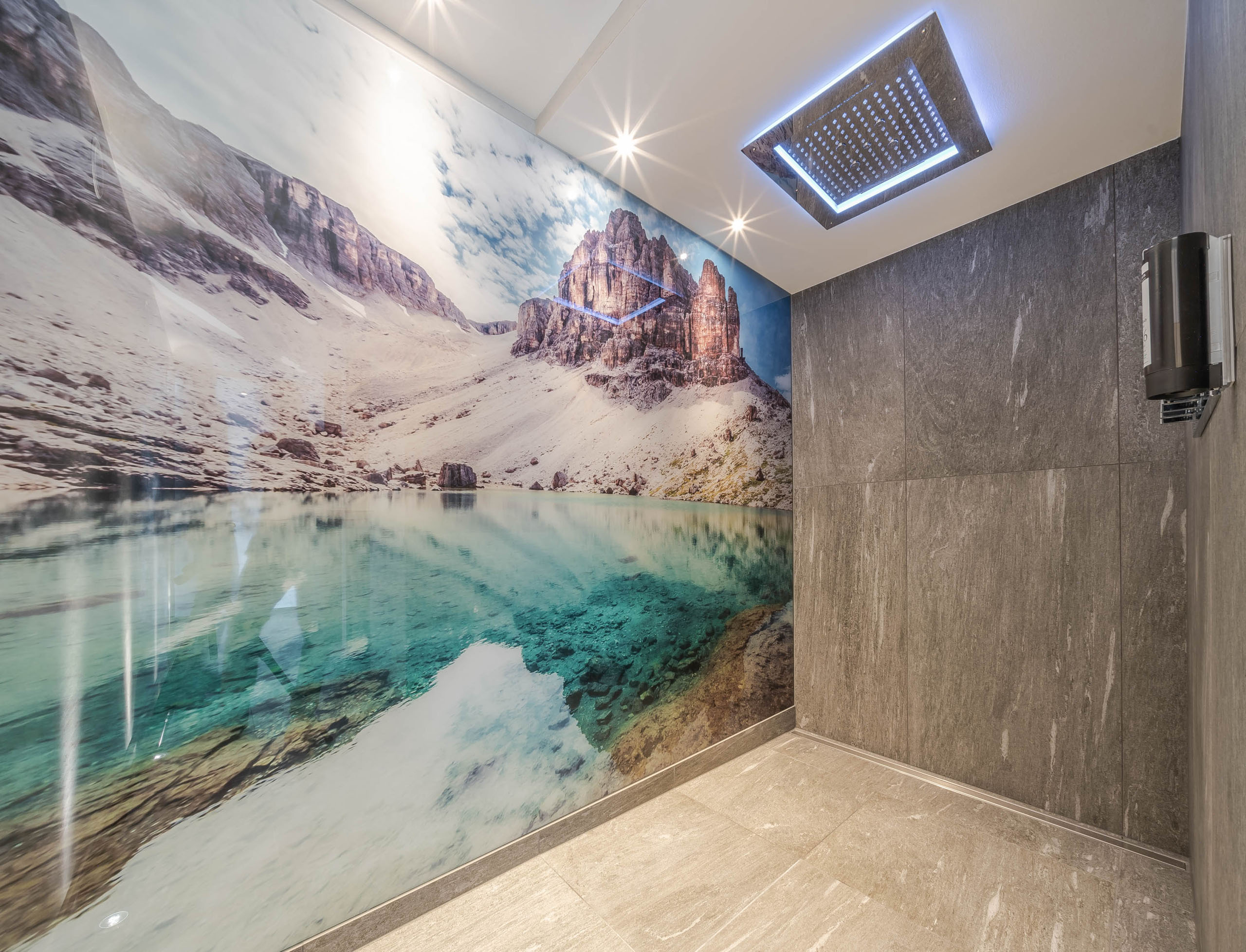 Unser Wellnesshotel in Alta Badia: das Nature Hotel Delta Moderne Dusche mit großem Regen-Duschkopf und Berglandschaft an der Wand
